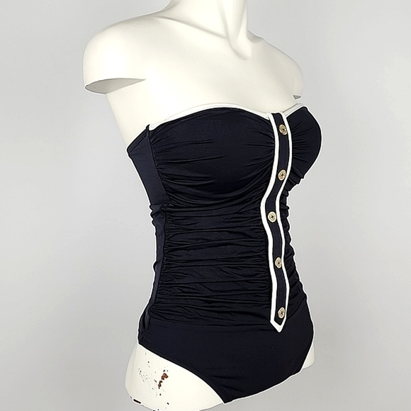 Women's Black One Piece Swimsuit Gold Button Feature Front Rusched Size S/M - Picture 4 of 15